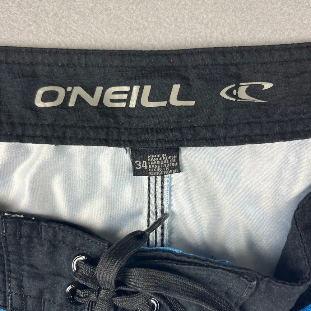 ONeill Mens Blue Black Striped Board Shorts Swim Trunks Size 34 Cargo Pocket